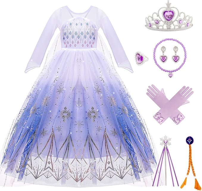Deguisement Robe Reine des Neiges Fille, Elsa Costume Robe Princesse Enfant Jupe Longue en Tulle avec Baguette Magique Princesse Couronne